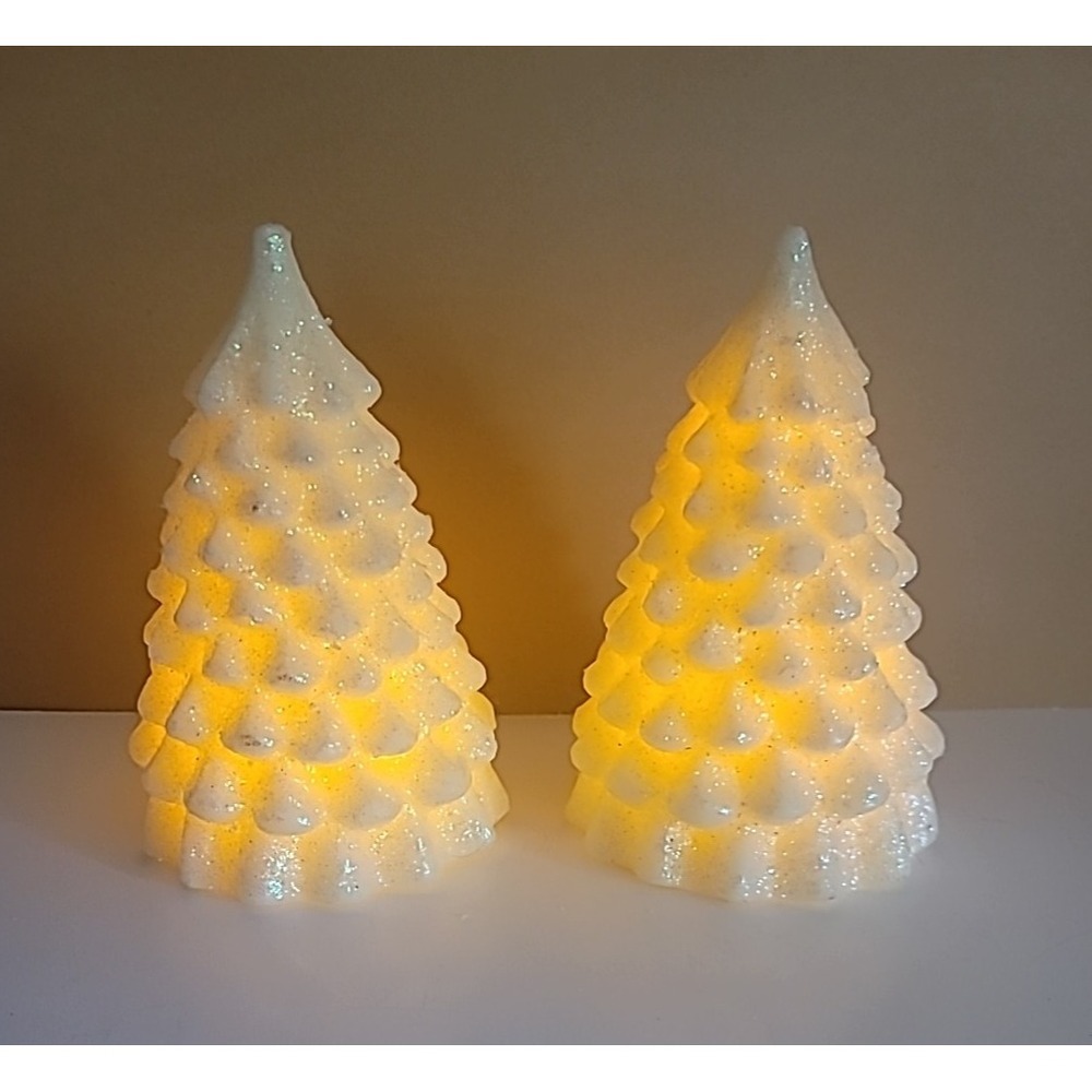 Set Of 2 Light Up Iridescent Glitter Wax Ivory Color Christmas Trees 6"H